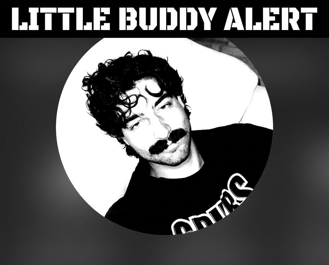 Black and white photo of Chris Stedman with a 'Little Buddy Alert' banner
